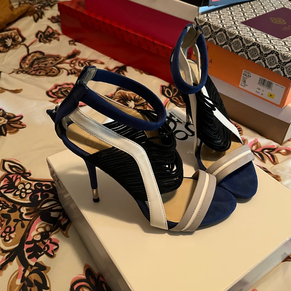 Worn once blue white and black heels